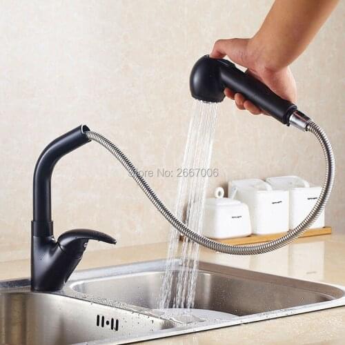 GIZERO Flexible Kitchen Pull Out Faucet Black Finish Solid Brass Sink Mixer Taps Deck Mounted Hot and Cold water crane ZR371