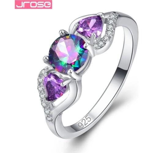 JROSE Hot sale Mystic Rainbow Multicolor & Purple & White Cubic Zirconia Jewelry Silver Ring Size 6 7 8 9 Fashion Women Ring