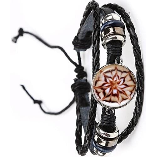 Coffee Latte Carving Mandala Glass Cabochon Leather Bracelet Chocolate Printing Four Leaf Clover Charm Jewelry For Women Men