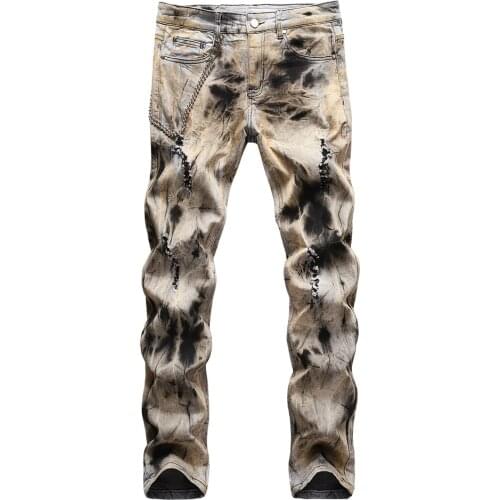 Mens Vintage Tie and Dye Ripped Denim Jeans with Chain Trendy Streetwear Holes Slim Straight Pants Trousers