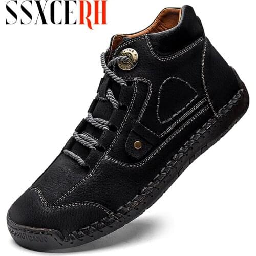 Hand-stitching Winter Men Boots Leather Patent Tooling Ankle Boots Blue Outdoor Autumn Hombres Botas Men Casual Leather Shoes