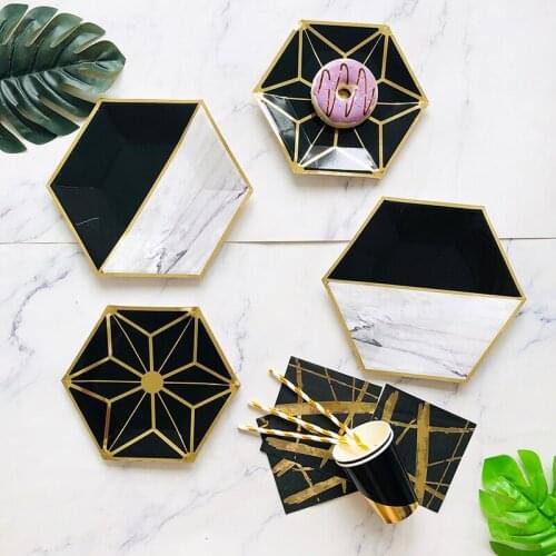Gold Bronzing Black Marble Disposable Tableware Set Paper Plate Paper Cup Birthday Celebration Festival Party