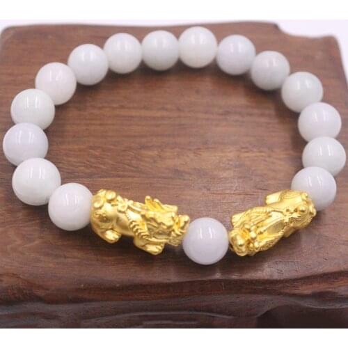 Real 999 24K Yellow Gold 3D Luck Bless Coin Pixiu 1.8-2.2g with Natural Jade Beads Link Chain Bracelet 6.3inch