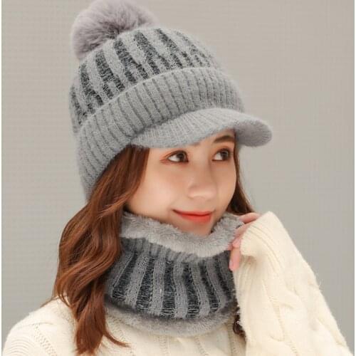 New Winter Visor Hats Women Mixed color knit Beanie Skullies Hat Female Thick Velvet Hair Ball Warm Bonnet Caps Bib Set
