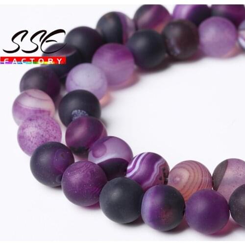 Wholesale Dull Polish Natural Purple Stripes Agates Round Loose Beads Natural Stone Beads 15" For Jewelry Making 4 6 8 10 12MM