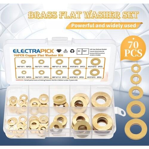 70PCS Flat Washers Brass Sealing Rings Copper Flat Assortment Washers Set 5/6/8/10/12mm with Box Suitable for Screw Fasteners