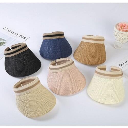 Adjustable Women Korean Version Shading Empty Top Hat Outdoor Sun Protection Stripe Wide Brim Beach Hat Straw Cap