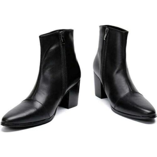 Chic High Heel Real Leather Shoes Boots Mens Pointy Toe Cuban 7 CM Side Zip New