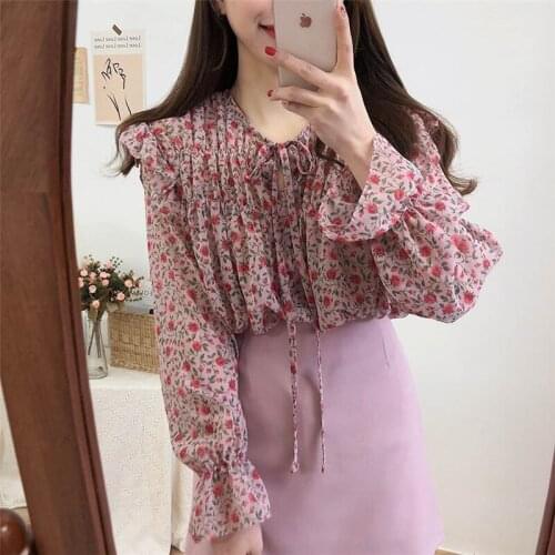 Chic Lace Up Ruffles Women Chiffon Blouse Shirts Summer Floral Print Female Shirts Tops 2020 Casual Ruched Loose Blouses femme