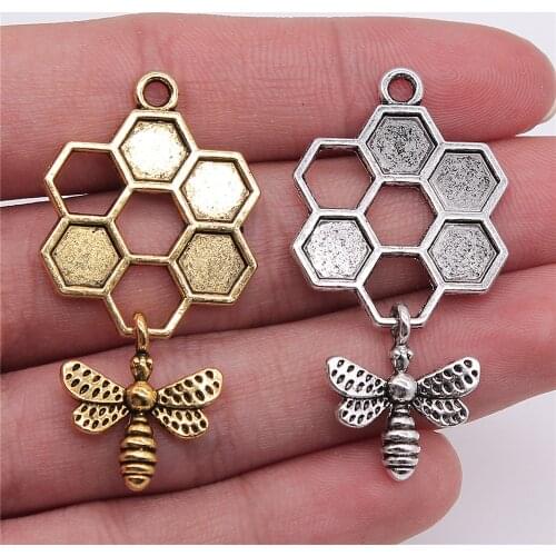 WYSIWYG 3pcs 46x25mm Honey Bee Charm Antique Silver Color Antique Gold Color Honey With Bee Pendants Honey Bee Pendant