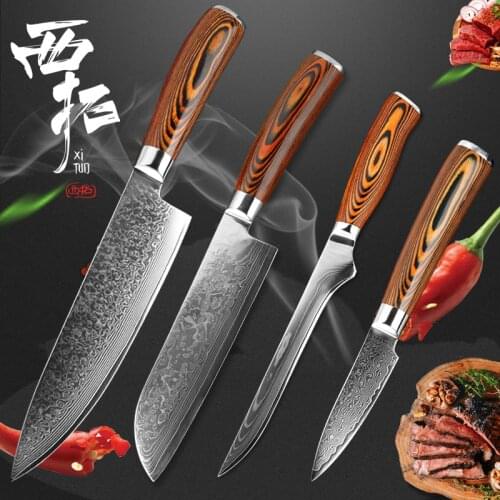 XITUO Damascus Steel Chef Knife Set 4PCS Boning Paring knife Meat Cleaver Sharp Utility Santoku Family Restaurant Kitchen tool