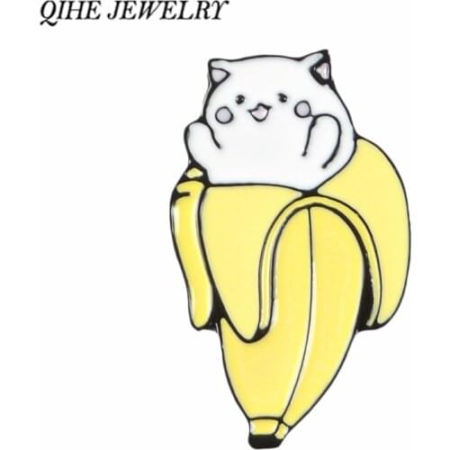 QIHE JEWELRY Cat pins Banana brooches Badges Lapel pins Animal jewelry Fruit jewelry Women Girl Kawaii Jewelry