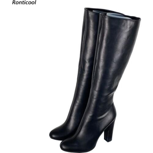Ronticool 2021 Women Winter Knee High Boots Side Zipper Square High Heels Round Toe Elegant Black Shoes Women Plus US Size 5-15