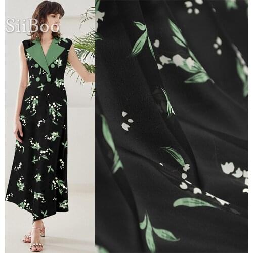 Siiboo natural silk spandex double georgette fabric with floral print black base color for women dress sp6249