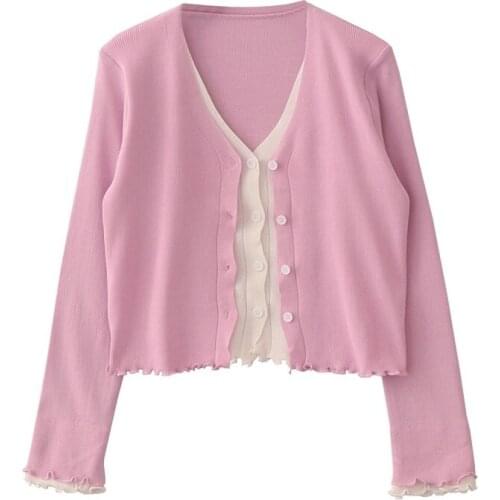 2021 Spring New Women Fashion Long Sleeve V-Neck Knitted Cardigans Stylish Fake Two Piece Buttons Casual Sweater Chic Tops