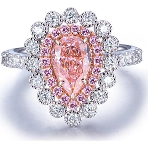 2021 Hot Sale Sparkle Jewelry 925 Sterling Silver Pink Pear Shape 1.0ct Diamond Rings For Women