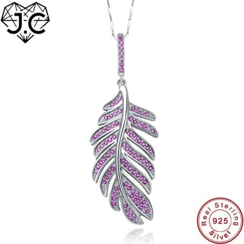 J.C for Women Girl Excellent Vintage Necklace Feather Design Ruby White Topaz Solid 925 Sterling Silver Pendant Fine Jewelry