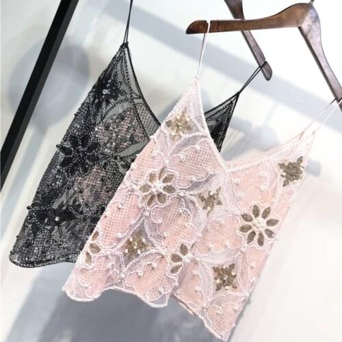 3D Flowers Pearls Sequins Geometry Embroidery Sleeveless Camisole Retro Flower Beaded Vest Crop Mesh Splice Diamonds Halter Tops