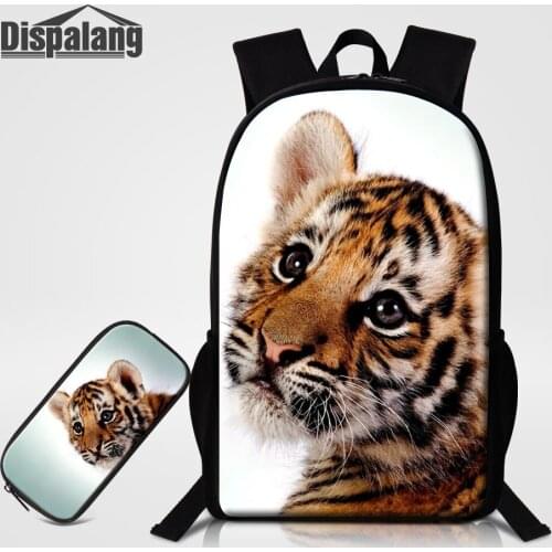 Dispalang 16'' Childrens Backpack Pencil Case 2 PCS Set Tiger Animal Print School Bags For Student Boy Portable Travel Knapsack