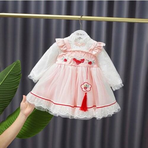 Strawberry Sweet Kids Clothes Autumn Children Cute Mesh Super Fairy Girl Spanish Style Dress Vestido De Festa