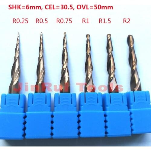 1pc R0.25/R0.5/R0.75/R1/R1.5/R2 6mm Shank 50mm HRC55 solid carbide Bronze Tapere Ball Nose End Mill CNC milling cutters knife