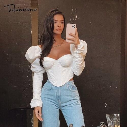 Tobinoone Long Puff Sleeve Zippered Women T-shirt Boend Corset Square Collar Autumn Tops Female Short Shirt Tshirts Streetwear