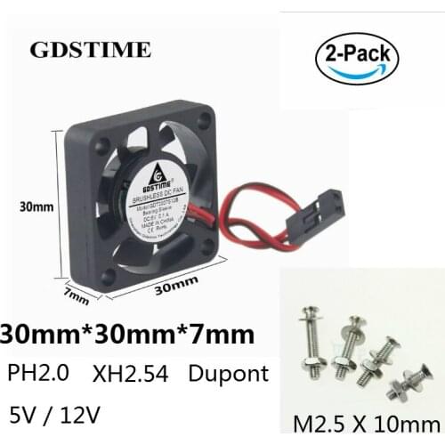 Gdstime 2 Set 3cm Dupont 2.54 2.0 Connector 2P DC Cooling Fan 5V 12V Small Brushless Cooler 30mm x 7mm For Raspberry With Screws