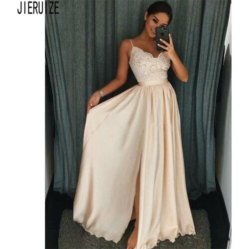 JIERUIZE Blush Pink Evening Dresses Spaghetti Strap Backless Appliques Chiffon Split Prom Gowns Formal Dresses Robe De Mariee