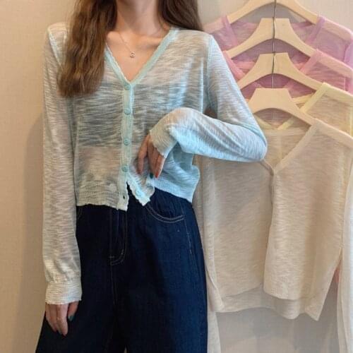 Real Photos Women V-Neck Thin Sweaters Cardigans Lady Summer Transparent Knitted Cardigan Outwear for Female Summer