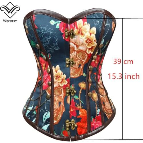 Wechery Flower Printed Corset Vintage Bustier Tops Chains Decorated Bone Corselet Party Shows Cosplay Costume