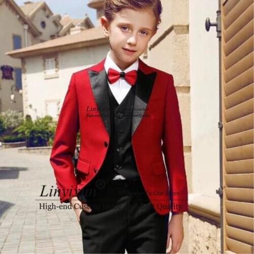 Red Two Buttons Suits For Children Notch Lapel Boy Suits boy child costume wedding Party Tuxedos boys blazer (jacket+pant+Vest)