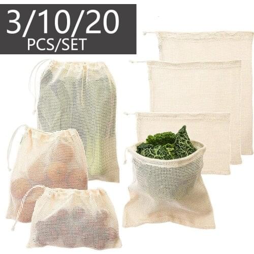 20pcs/set Reusable Produce Bag Organic Cotton Mesh Bag Vegetable Bags Storage Kitchen Vegetable Fruit Bag with Drawstring