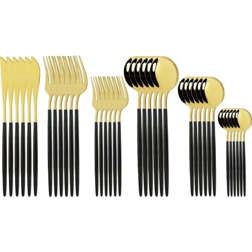 36Pcs Black Gold Cutlery Set Knives Dessert Fork Coffee Spoon Dinnerware Flatware Stainless Steel Silverware Party Tableware Set