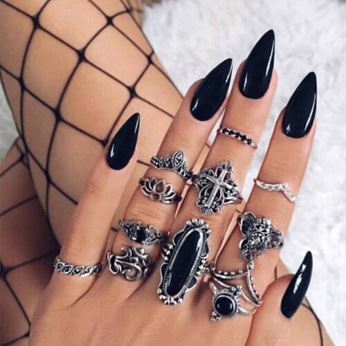 ZV New Ring Set For Women Personality Retro Hollow Lotus Animal Elephant Rings Black Square Jewelry Not Allergic Girlfriend Gift