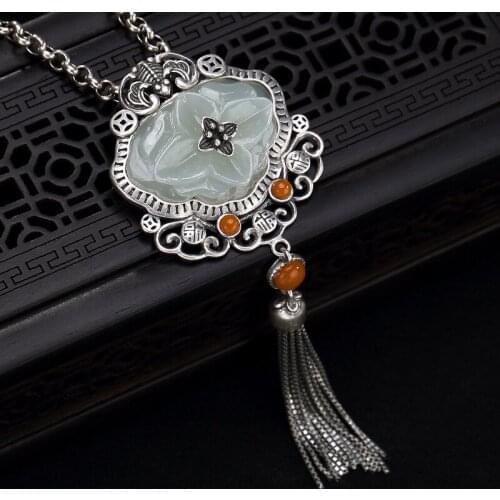 2018 New Arrival Ammonite,ammolite Accented Plant New S925 Pure Inlay Hetian Bai Yuna Retro Ruyi Ms Tassel Pendant In Sight