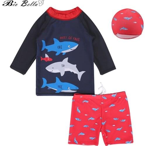 New Summer 2-9Y Baby Boy Beach 3Pcs Set Shark Print Long Sleeve Tops+Red Short+Cap Swimsuit Kids Swimming Wears