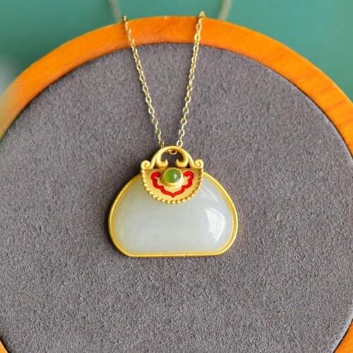 Hetian Jade Necklace Womens Sterling Silver Retro Small Bags Hotian Jade Pendant Silver Style for Women Gold Inlaid with Jade G