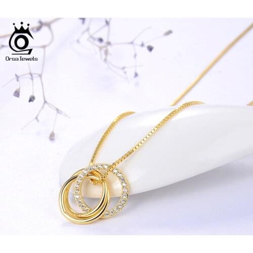 ORSA JEWELS Pure 925 Sterling Silver Pendant Necklace Women Clear AAAA Zircon Combine Circle Fashion Party Gift Jewelry SN175