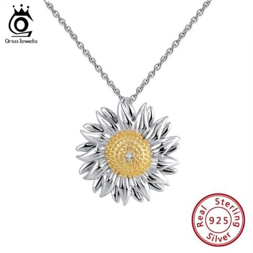 ORSA JEWELS Sterling Silver Sunflower Daisy Pendant Necklace AAAA Zircon Elegant Thin Chain Female Jewelry For Dating SN206