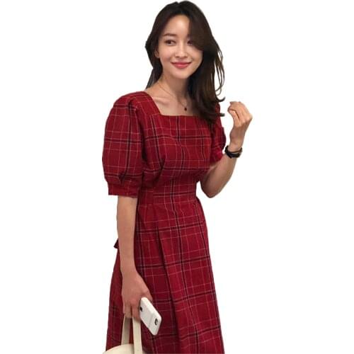 2018 female summer cotton long plaid long dress women slash neck puff sleeve belt slim A-line dresses vintage vestidos robe ete