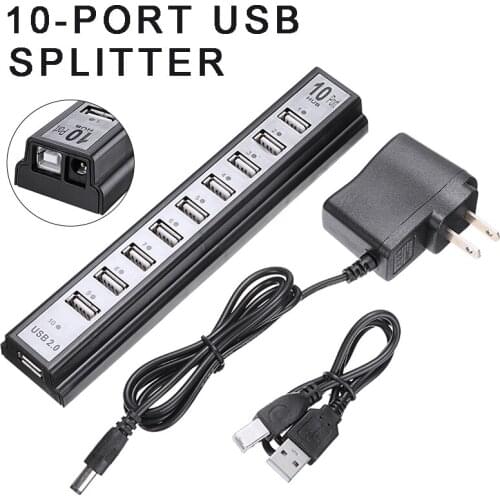 Pohiks 1pc 10 Ports 480Mbps High Speed USB 2.0 Hub Portable Computer USB Extension Adapter With External Power