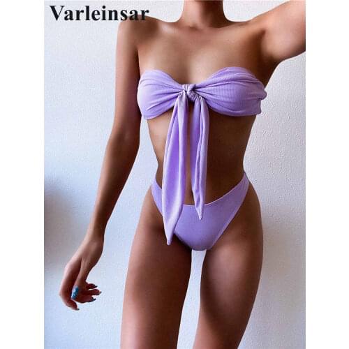 Sexy Bandeau Knotted Bikini Women Swimwear Female Swimsuit Two-pieces Bikini set Bather Bathing Suit Swim Lady V2593