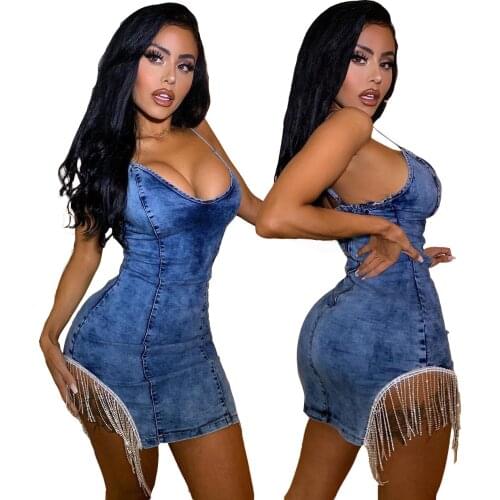 Sexy Deep V-neck Sleeveless Backless Tassel Sequin Dress Women Mini Spaghetti Strap Bodycon Denim Dress Female Slim Jean Dresses