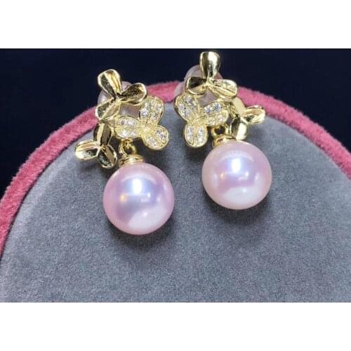 Pearl Pure 925 Sterling Silver Fine Jewelry Fresh Pink Pearl 8-9mm Round Pearl Dangle Earrings for Women Fine Pearl Earrings