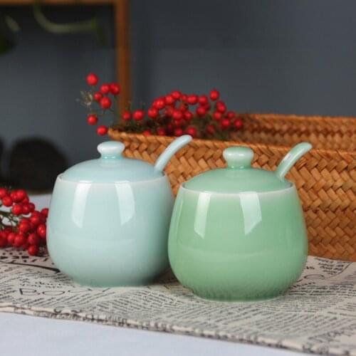 Celadon spice jar with spoon seasoning storage bottle seasoning box salt and pepper shaker household kitchen ceramic supplies
