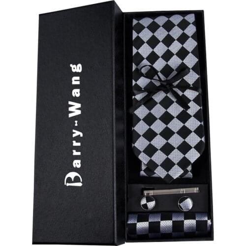 TS-1441 Barry.Wang 2018 Mens Ties Necktie Hanky Cufflinks Set With Gift Black White Plaids Ties For Men Wedding Business Party