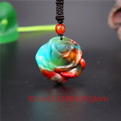 For Chinese Rose Color Jewelry Necklace Gifts Amulet Carved Pendant Women Fashion Jadeite Men Charm Natural Flower Jade Hand