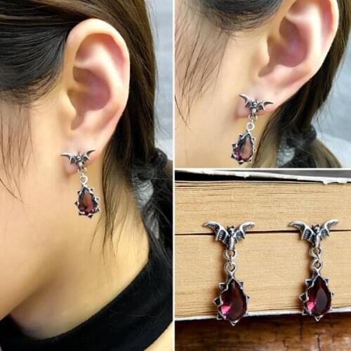 Vintage Gothic Genuine Real 925 Sterling Silver Animal Happy Bat Red Crystal Water Drop Earrings For Women Jewellery