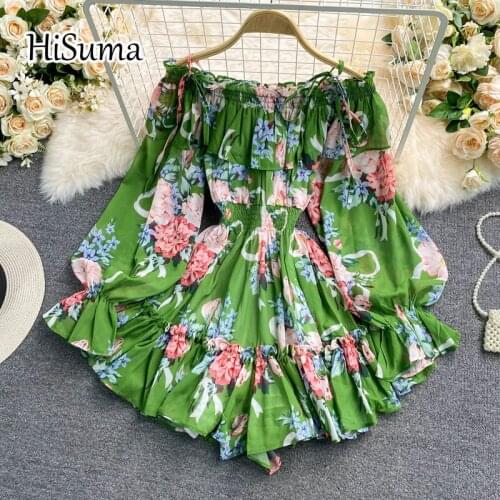 2021 summer new women Retro strap slash neck lantern sleeve ruffles flower print chiffon Bodysuit female Chic elegant jumpsuit
