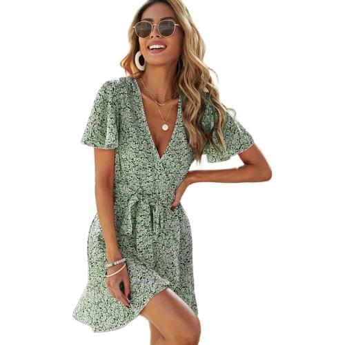 Women 's Dress Bohemian Beach A-Line Skirt Hot V-Neck Belt Bowknot Lotus Sleeve Fashion 2021 Summer Floral Sexy Chiffon Bow